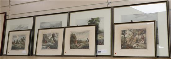 After Henry Alken, a set of four colour prints, Shooting scenes, overall 35 x 40cm and a similar smaller set of prints